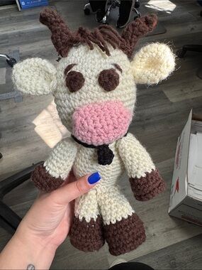 Handmade Crocheted Cow Plush Toy - Cream, Brown & Pink